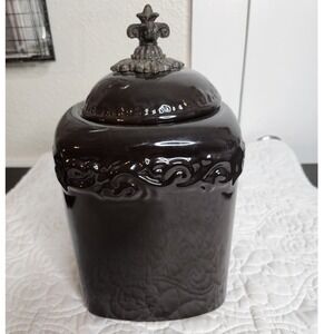 Drake Design Coffee Brown Tuscan‎ Scroll Fleur De Lis Canister Ceramic
